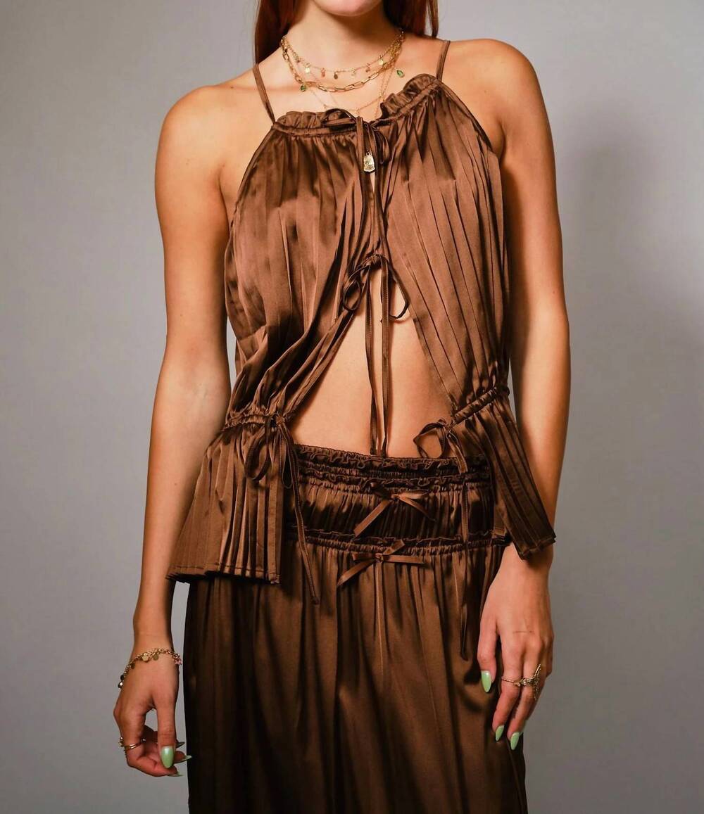 NEW BLUE B women's pleated satin tie front top in espresso